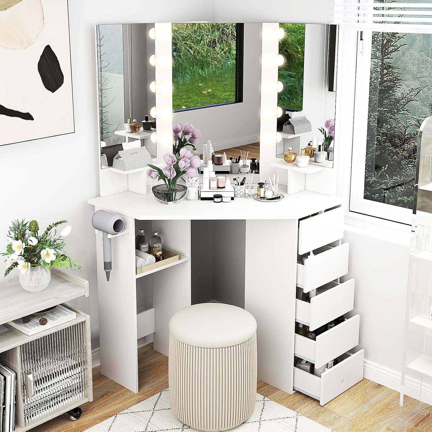 NAFORT Corner Vanity Desk with Mirror and LED Lights, Vanity Table with 5 Storage Drawer SND Shelf, Dressing Table with Power Outlet and Hair Dryer Holder, 3 Lighting Modes Triple Mirror, White