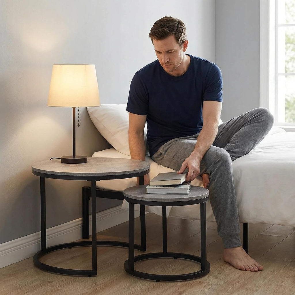 CENSI Round Nesting Coffee Table Set of 2, 24' Industrial Grey Faux Concrete Top, Modern Stacking Side End Tables with Black Metal Frame for Living Room, Small Spaces, Sturdy & Easy Assembly