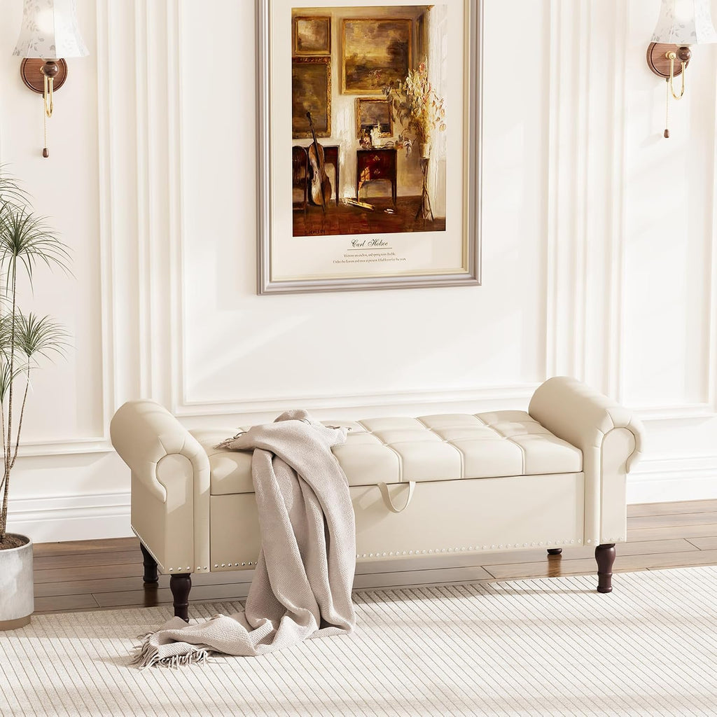 Apicizon 51' Bench with Storage, Faux Leather Ottoman Bench with Rolled Arm & Vintage Rivets, End of Bed Bench for Bedroom, Living Room, Entryway, Beige+Brown Legs