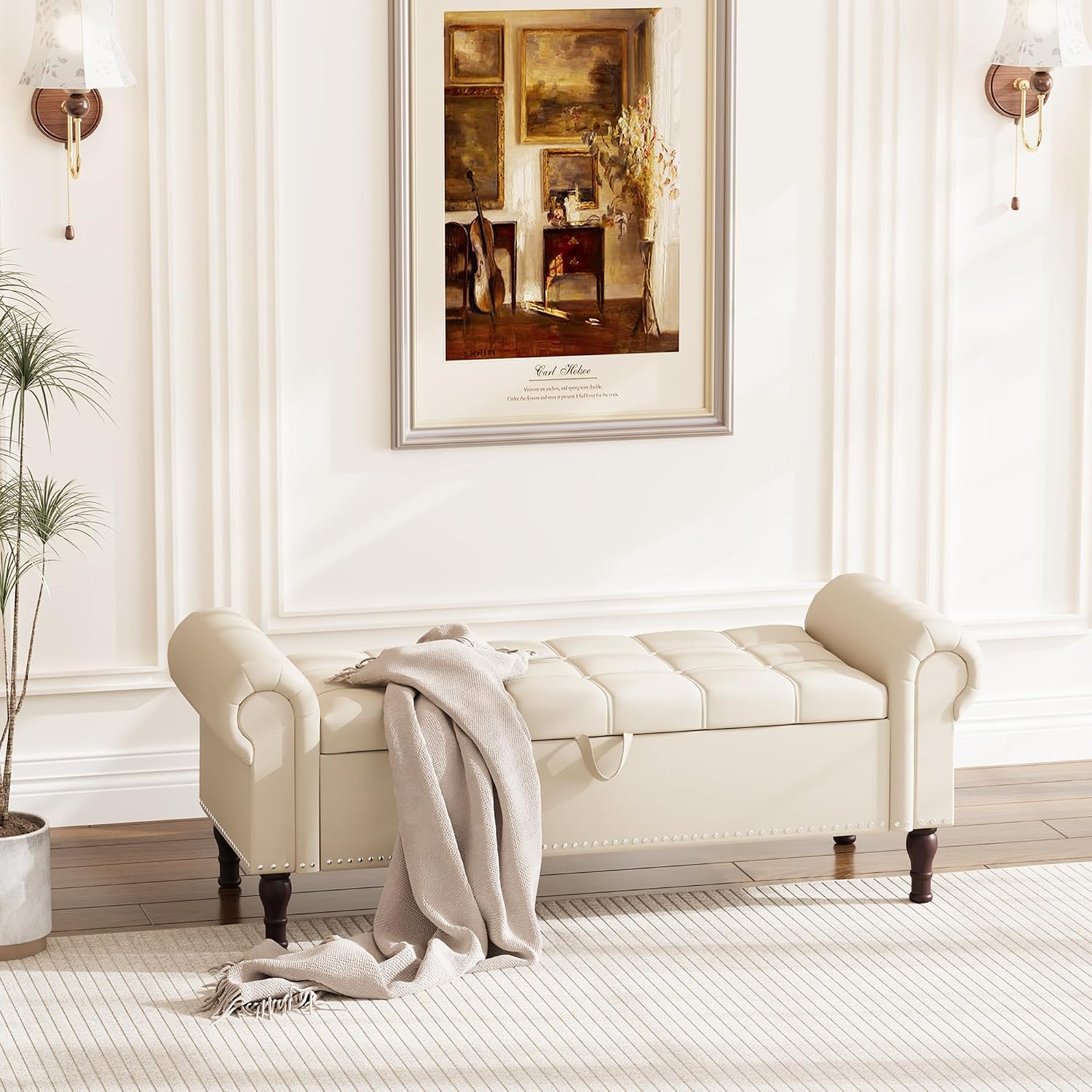 Apicizon 51' Bench with Storage, Faux Leather Ottoman Bench with Rolled Arm & Vintage Rivets, End of Bed Bench for Bedroom, Living Room, Entryway, Beige+Brown Legs