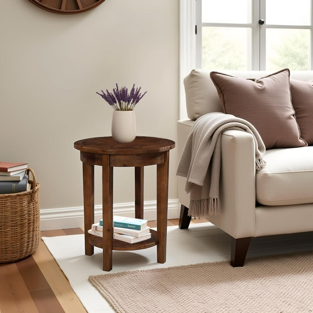 Alaterre Furniture Revive 20 Inch Round End Table with Bottom Shelf for Storage, and Unique Wood Characters - Modern Rustic Living Room Furniture