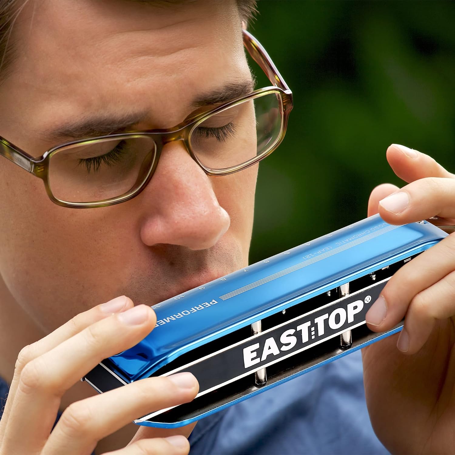 East top Chromatic Harmonica 16 Hole 64 Tone Key of C, Professional Advanced Mouth Organ For Adults, Students and Harmonica-Lovers with Blue Cover (EAP-16)