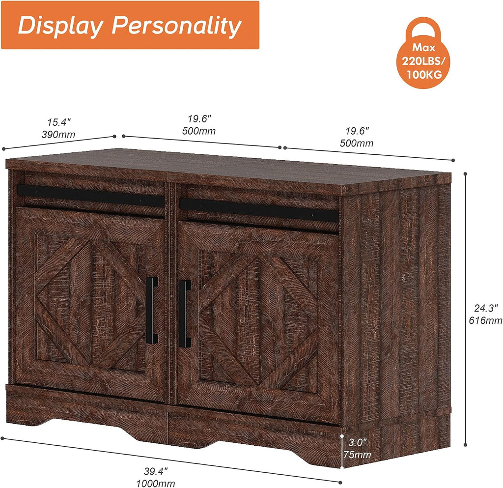 WAMPAT 24.3' H End Table Set of 2 with Drawer and Barn Door Cabinet for Living Room, Modern Farmhouse Tall Nightstand Set with Adjustable Storage Shelves for Bedside, Rustic Brown