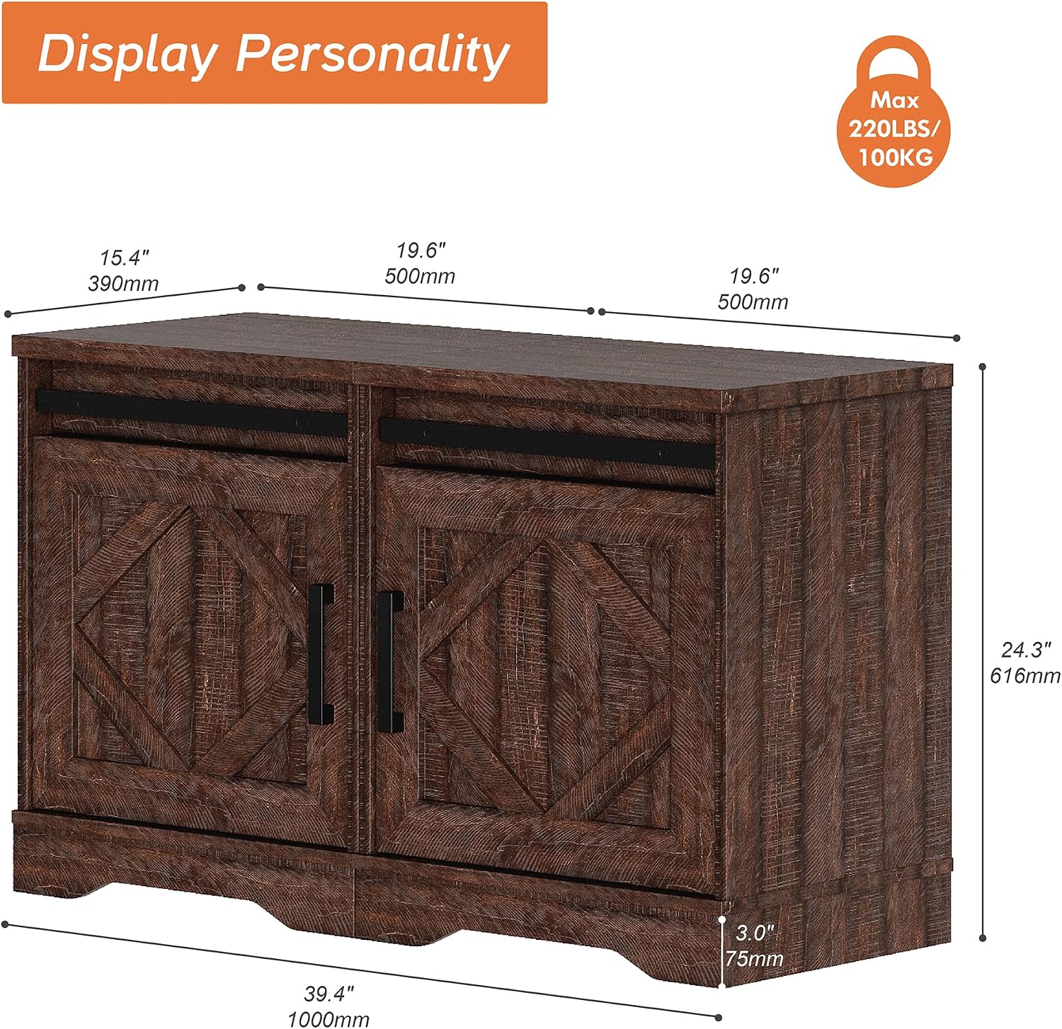 WAMPAT 24.3' H End Table Set of 2 with Drawer and Barn Door Cabinet for Living Room, Modern Farmhouse Tall Nightstand Set with Adjustable Storage Shelves for Bedside, Rustic Brown