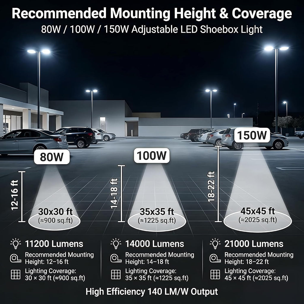 480V LED Parking Lot Light, 80W/100W/150W Wattage Selectable, 21,000LM 5000K White Housing Shoebox Pole Light, 277–480V High Voltage, Surge Protection, UL Listed, Commercial Area Street Lighting