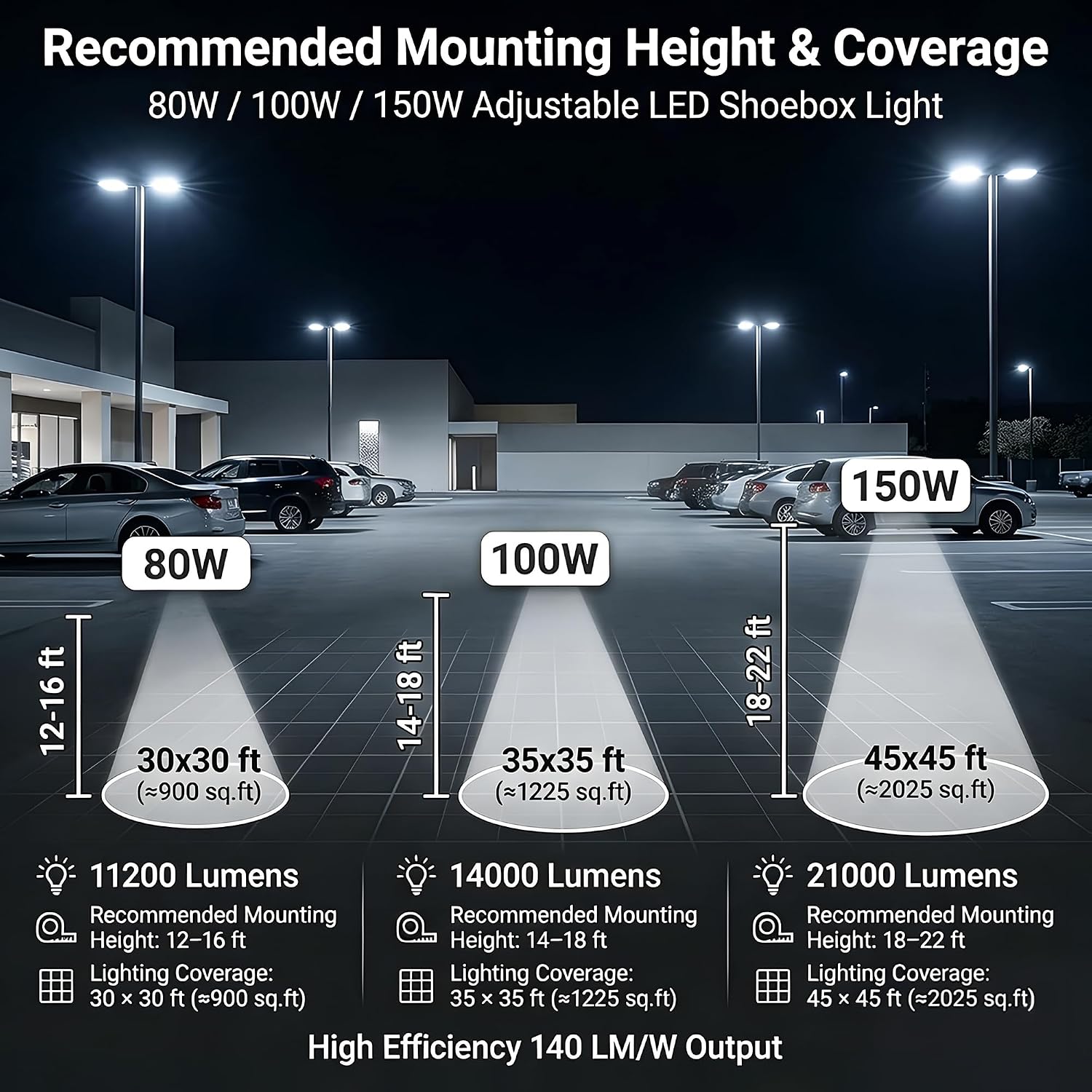 480V LED Parking Lot Light, 80W/100W/150W Wattage Selectable, 21,000LM 5000K White Housing Shoebox Pole Light, 277–480V High Voltage, Surge Protection, UL Listed, Commercial Area Street Lighting
