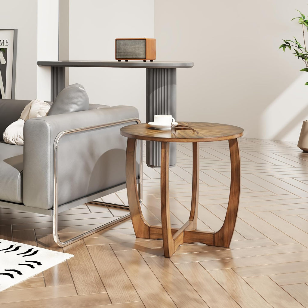 Solid Wood Round End Table with Splicing Top, Farmhouse Sofa Side Table, Beside Corner Table, Large Telephone Table for Living Room, Bedroom, 23.6' Dia x 21.7'H , Easy Assembly, Rustic Brown CJZ3223