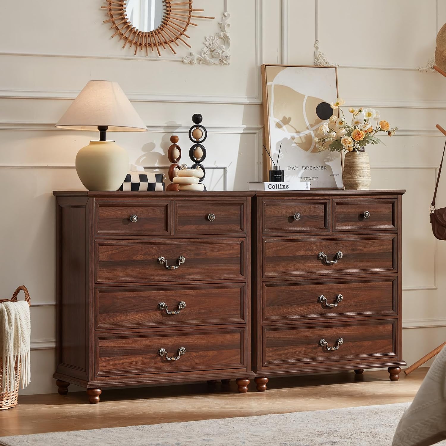 Joaxswe Farmhouse 5 Drawer Dresser Set of 2 for Bedroom, 35' Tall Rustic Chests of Drawers w/ 4 Solid Wood Feet, Mid Century Vintage Wooden Closet Storage Dressers Organizer for Living Room,Brown