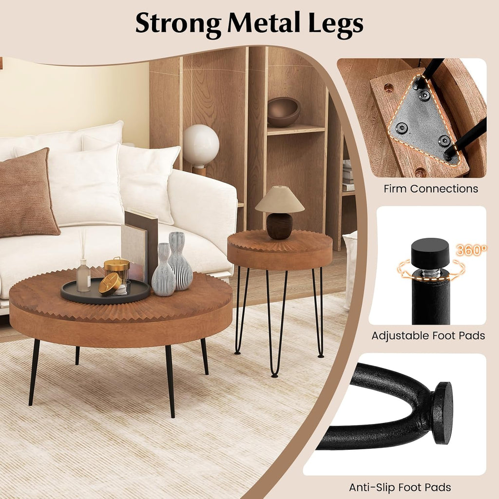 Giantex Boho Round Coffee Table Set of 2, Sofa Side Nesting Table with Solid Pine Wood Top, Metal Legs & Adjustable Foot Pads, 31.5' D Large Table Set for Living Room (Radial Pattern, Brown)