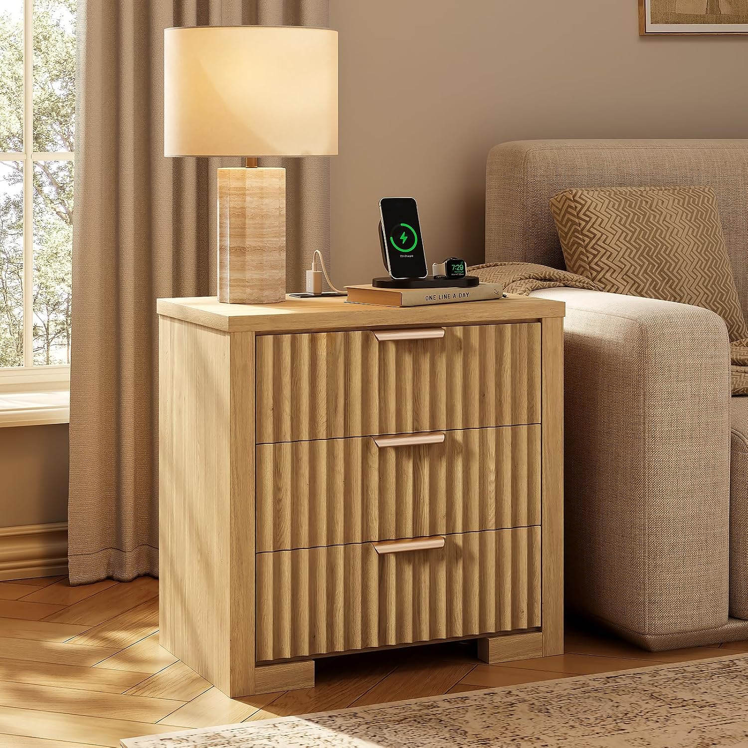 24' Fluted Night Stand with Charging Station, Wood Bedside Table with 3 Drawers, Modern nightstand for Bedroom, Office, Natural Oak