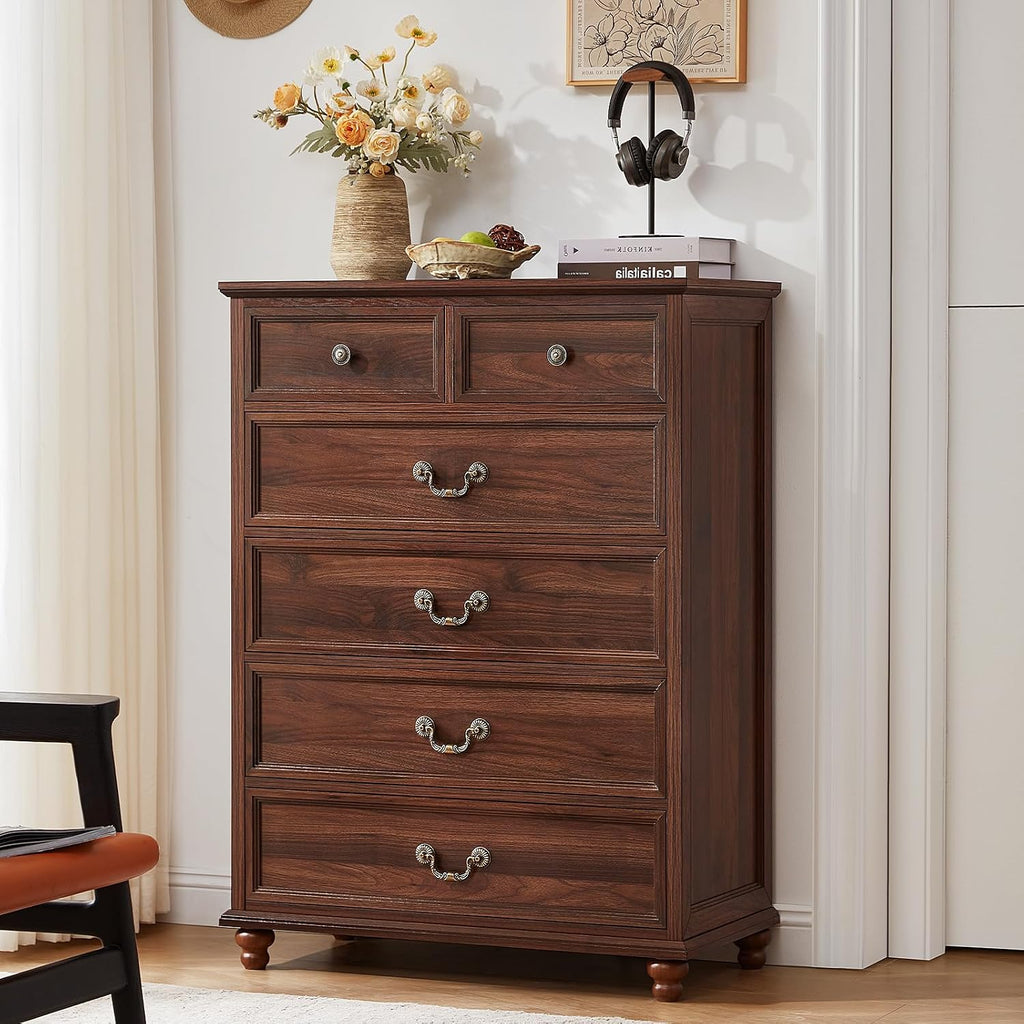 Joaxswe Farmhouse 6 Drawer Dresser Set of 2 for Bedroom, 42' Tall Rustic Chests of Drawers w/ 4 Solid Wood Feet, Mid Century Vintage Wooden Closet Storage Dressers Organizer for Living Room,Brown
