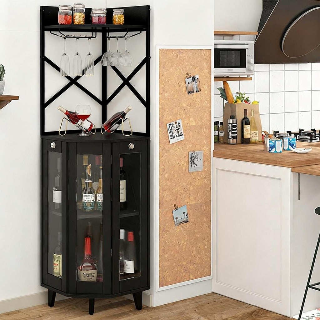 COCO DESIGN Corner Wine Cabinet with Lockable Glass Door & LED Light, 4-Tier Liquor Bar Unit, Modern Farmhouse Home Bar for Living Room, 2 Wine Racks & 2 Glass Display Trays, All Black