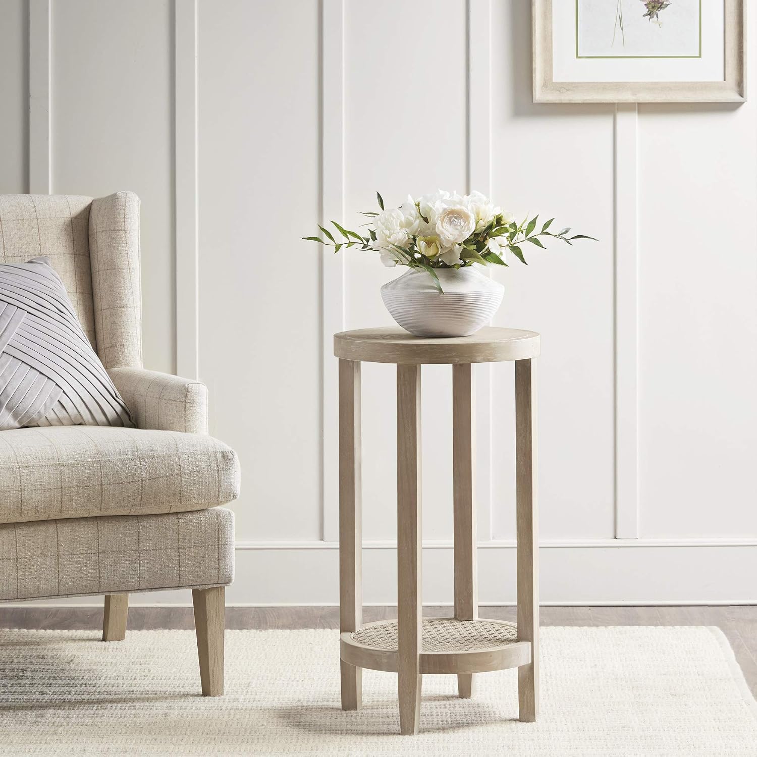 Martha Stewart Harley Accent Tables Modern Farmhouse, Rattan Shelving Design, Round Tabletop Living Room Furniture Occasional Piece, Dia. 15' X 28', Wheat