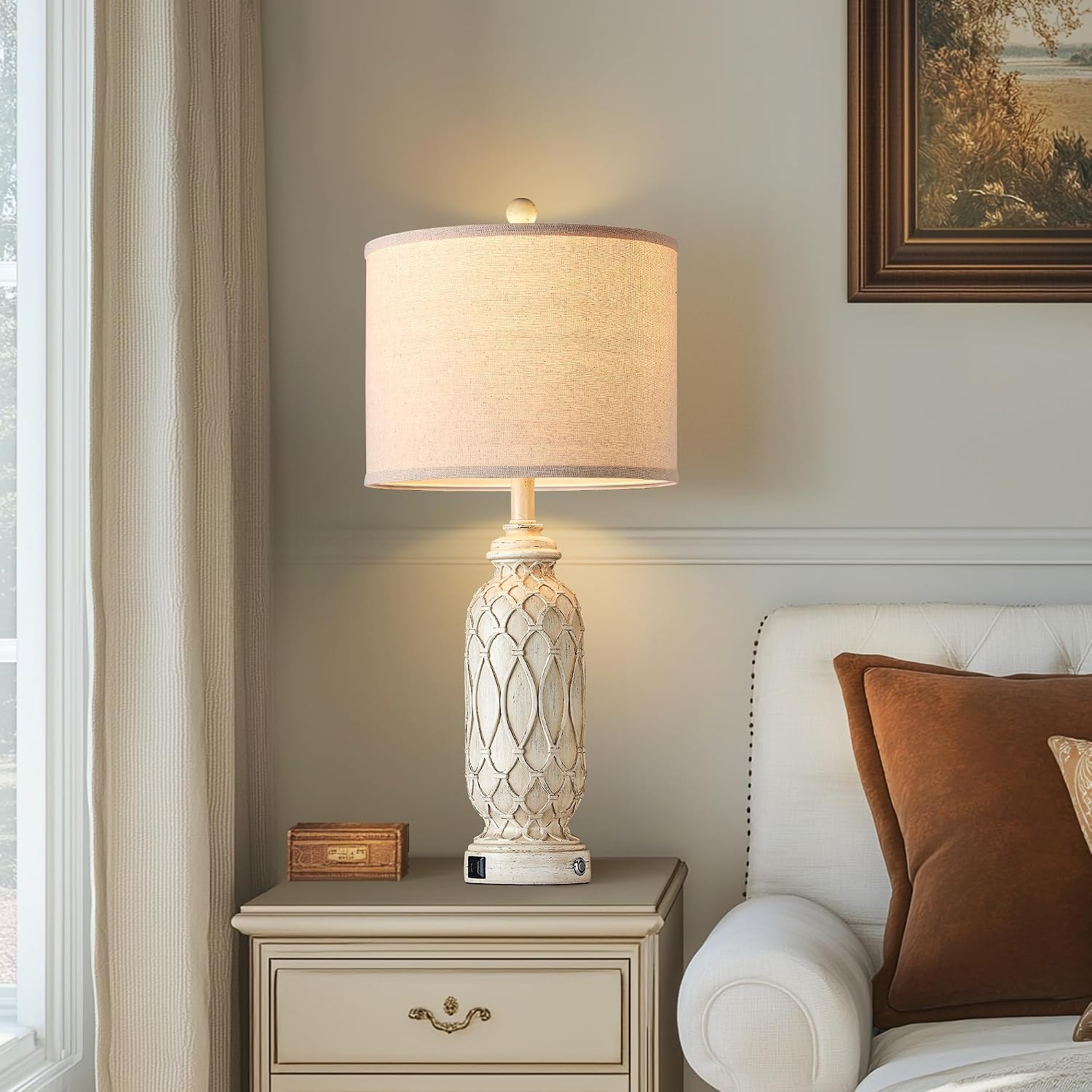 Farmhouse Lamps for Living Room Set of 2, 28' Table Lamps for Bedroom with USB A+C Charging Ports, Touch Lamps for Nightstand, 2 Bulbs Included