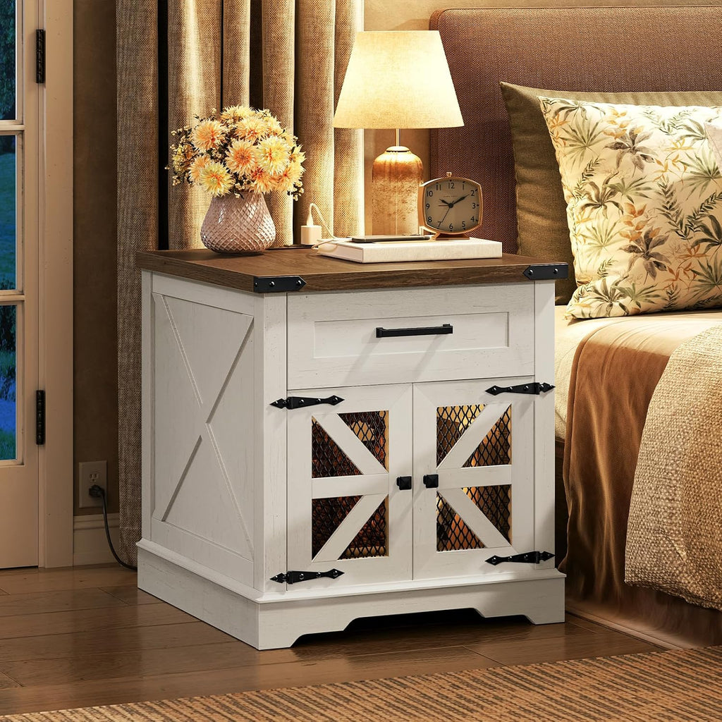 RALGEND White Farmhouse End Table with Charging Station, 24' Large Sofa Side Table with Drawer, Large End Table for Living Room, Wooden Nightstand with Outlet, Square, White and Walnut