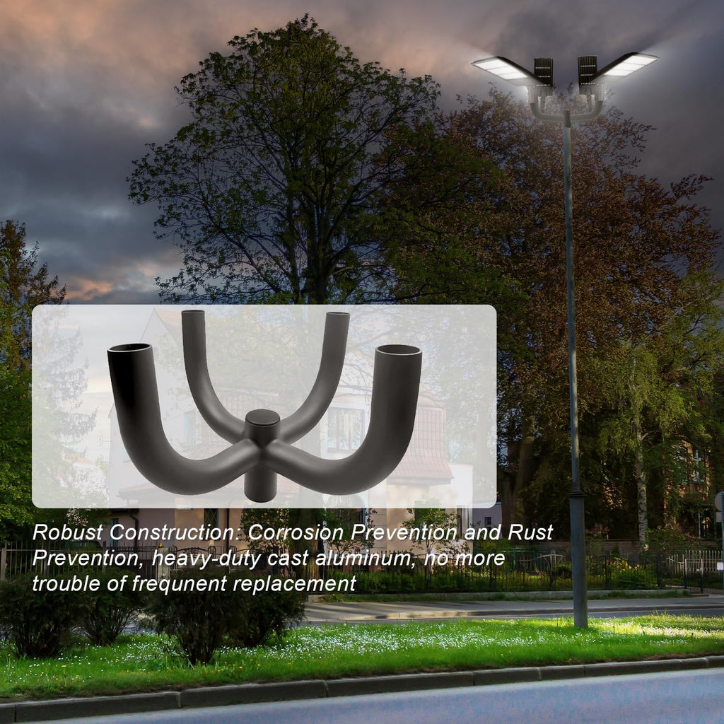 90° Quad Bullhorn Tenon Adapter for 4 Light Fixtures with 2 3/8' Slip Fitter, Bullhorn Bracket with 4 Arms Mounting for LED Parking Lot Light, Outdoor Shoebox Street Lighting, Dark Bronze
