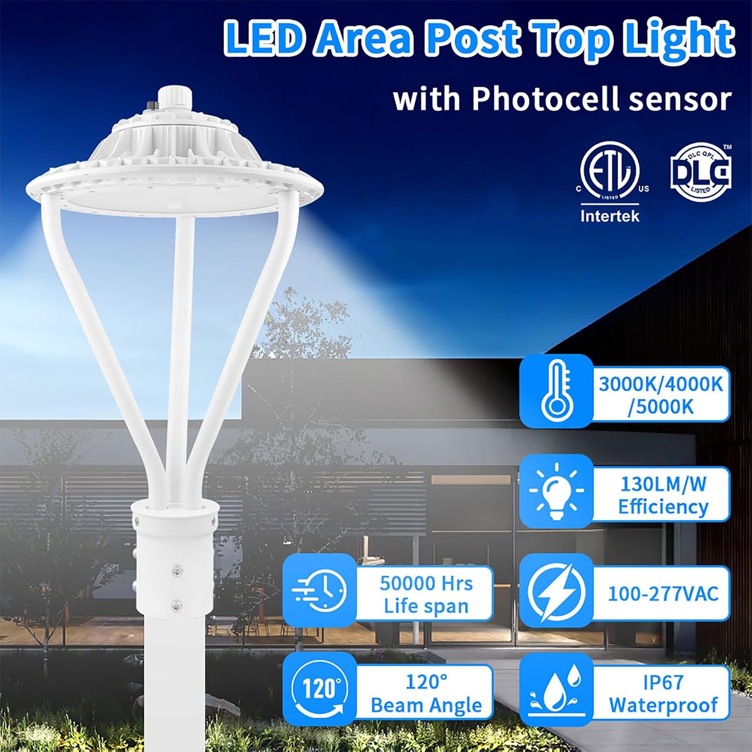 LED Post Top Light 30/50/75W Adjustable 9750 LM 3000/4000/5000K LED Circular Area Light Outdoor Pole Lights with Photocell, IP67 Parking Lot Lights Fixture Commercial Lighting, 100-277V ETL&DLC Listed