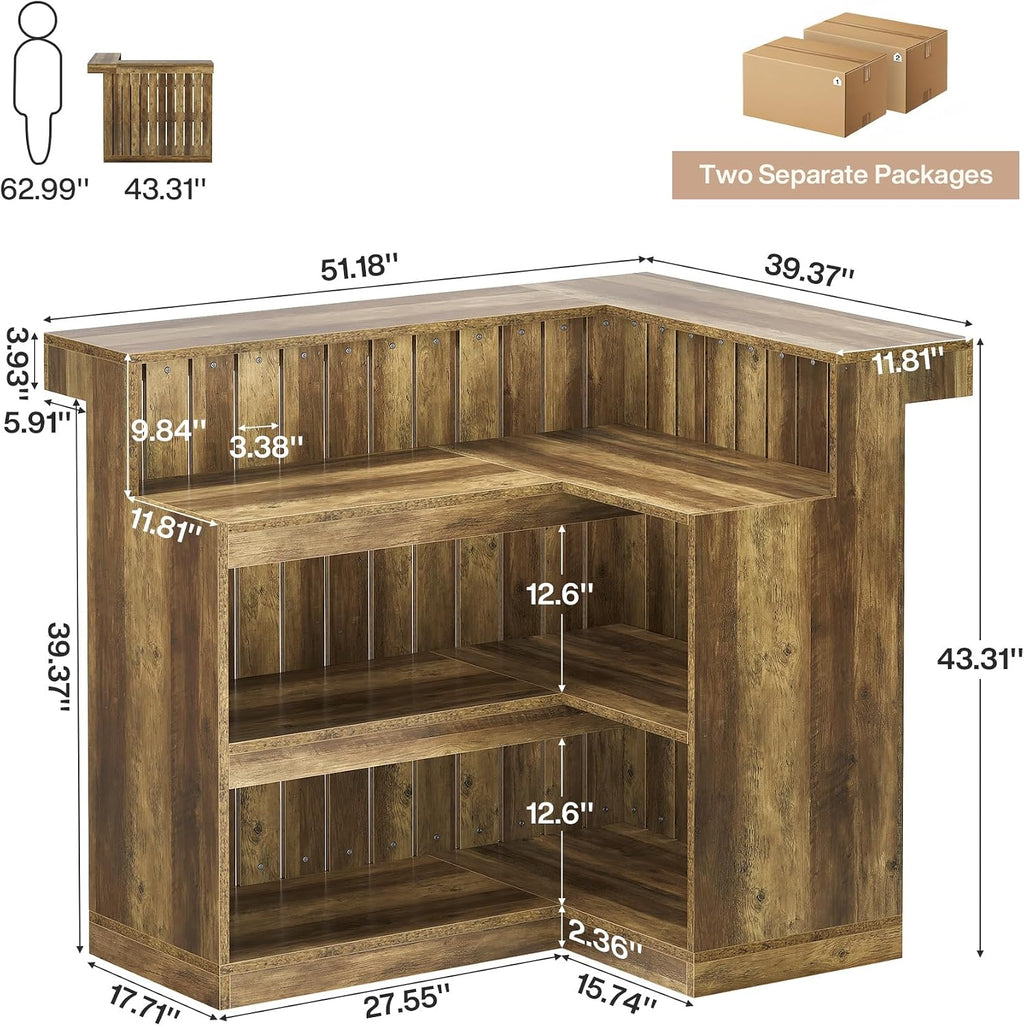 Tribesigns Home Bar Unit, L Shaped Bar Table for Home, 4-Tier Corner Liquor with Storage Shelves and Wine Glasses Holder, Industrial Wine Cabinet Reception Desk for Basement (1, Brown)