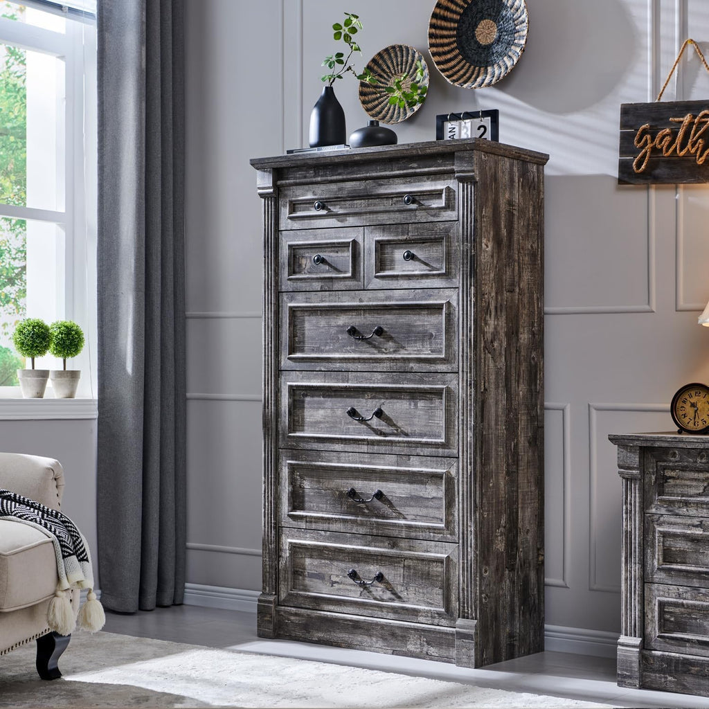 Aitjunz Farmhouse 7 Drawers Dresser for Bedroom, 57' Tall Large Dressers & Chests of Drawers w/Roman Column, Storage Dressers Organizer for Bedroom, Hallway, Living Room, Light Grey