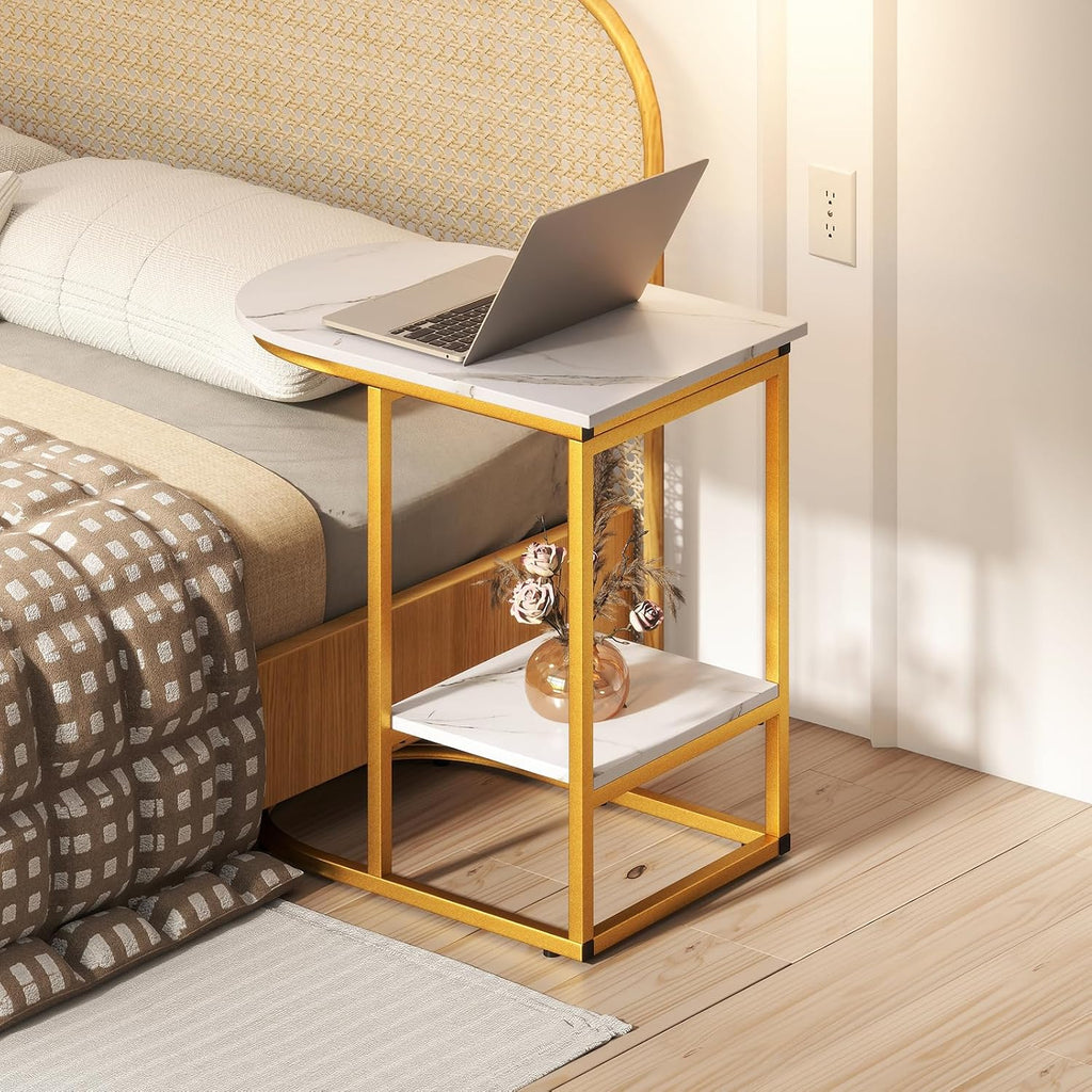 Giantex C Shaped End Table Set of 2, Modern Sofa Side Table with Faux Marble Tabletop & Storage Shelf, Slide Under Sofa Bed, 2-Tier Couch Table for Small Spaces Living Room Bedroom, White