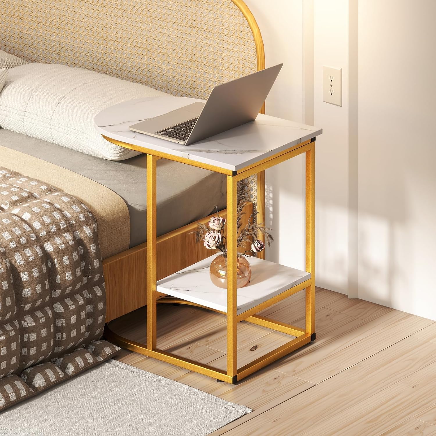 Giantex C Shaped End Table Set of 2, Modern Sofa Side Table with Faux Marble Tabletop & Storage Shelf, Slide Under Sofa Bed, 2-Tier Couch Table for Small Spaces Living Room Bedroom, White