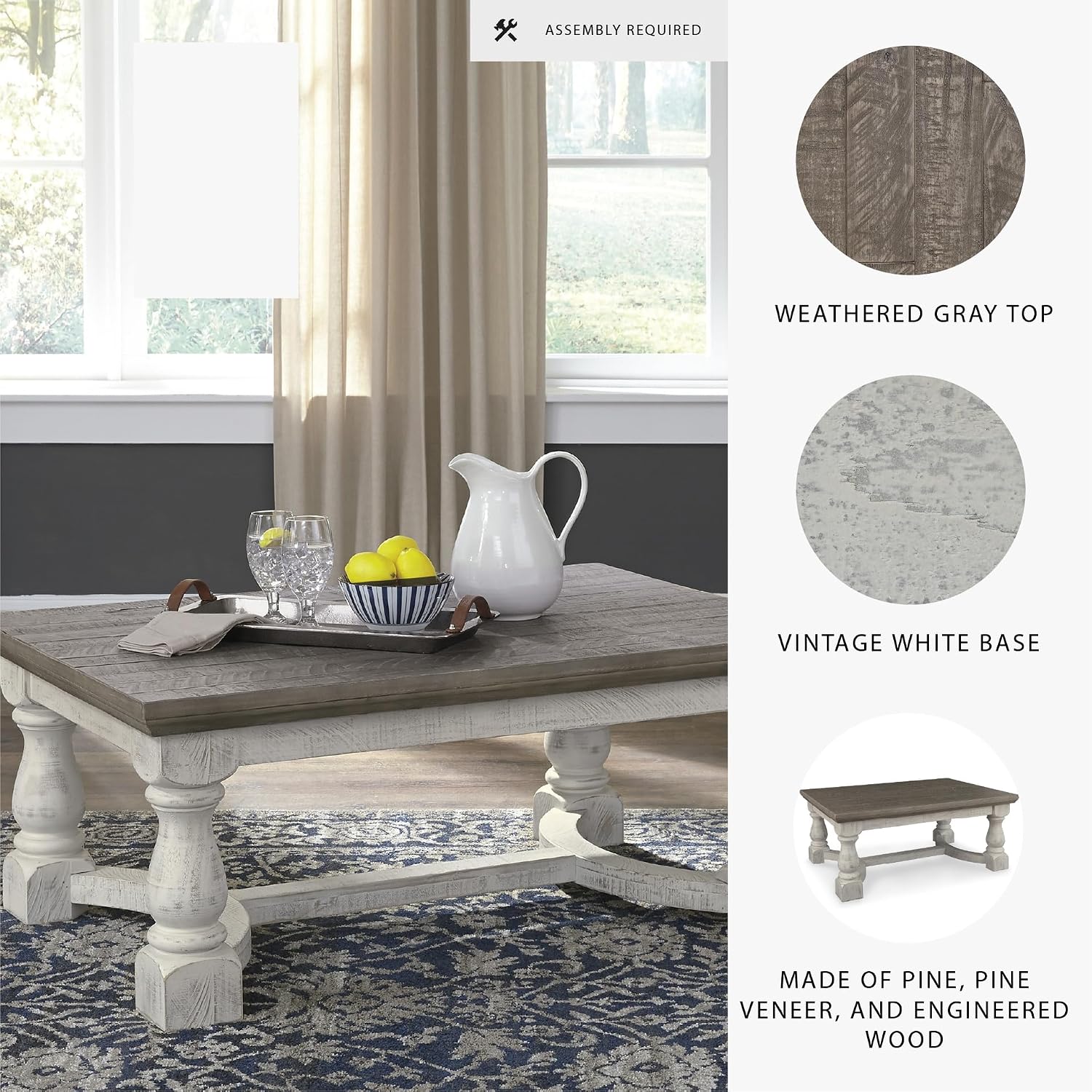 Signature Design by Ashley Havalance Farmhouse Rectangular Coffee Table, Gray & White with Weathered Finish