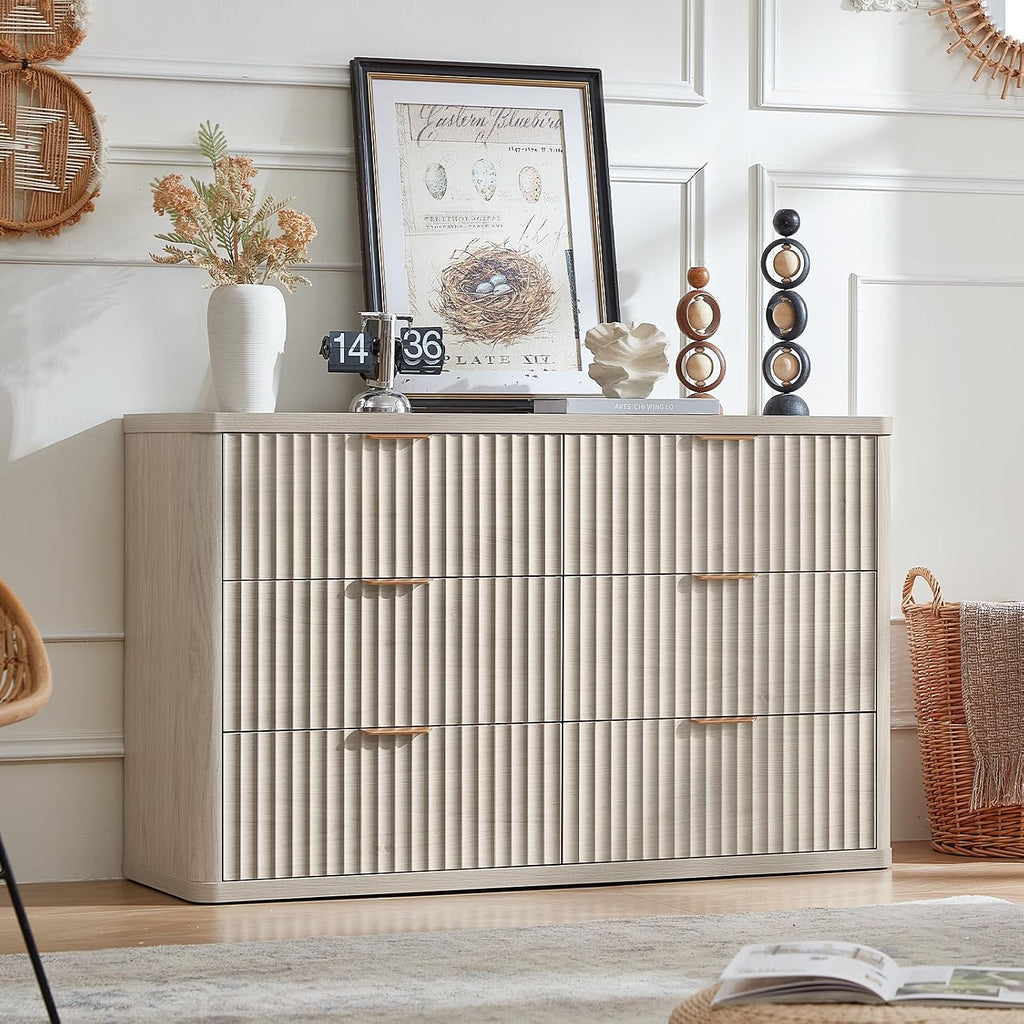 LEYAOYAO Fluted 6 Drawers Dresser Set of 2, 48' Wide Modern Chest of Drawers with Metal Handle, Light Grey Curved Profile Dresser TV Stand, Wooden Drawer Organizer for Bedroom, Living Room, Hallway