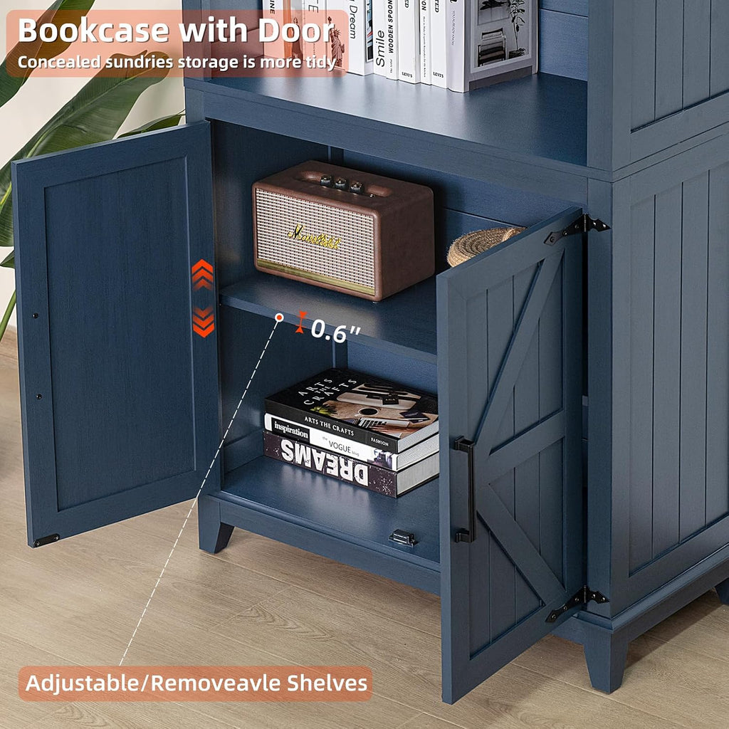 Joaxswe 70in Tall Bookshelf 5 Tier Bookcase with Barn Doors and Adjustable Shelves, Blue Farmhouse Book Shelf with Storage Cabinet, Wood Freestanding Display Bookshelves for Bedroom, Living Room | Bookcase