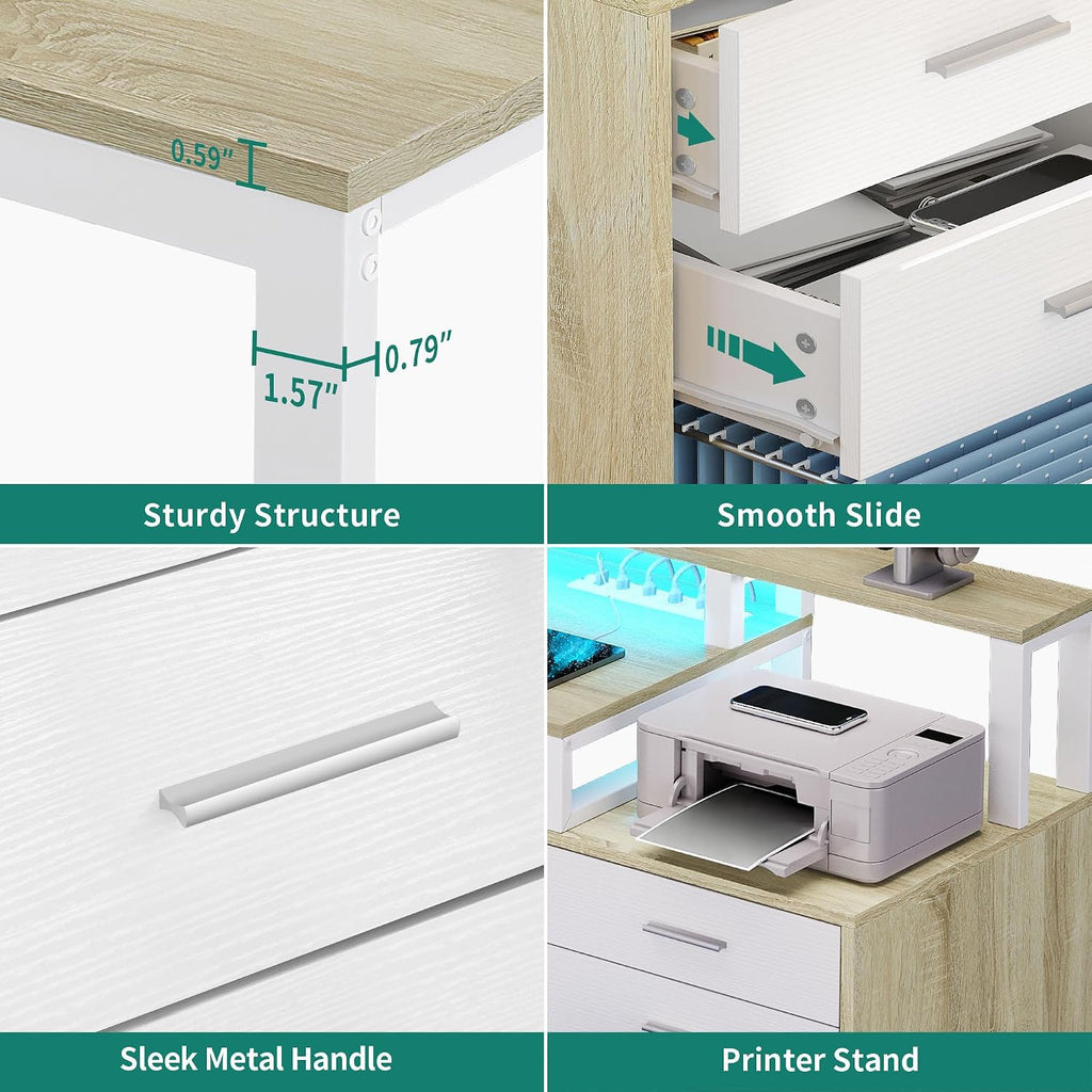 YITAHOME L Shaped Desk with 3 Drawers, 65' Corner Computer Desk with Power Outlets & LED Lights, L-Shaped Desk with File Cabinet & Printer Stand for Home Office, White & Oak