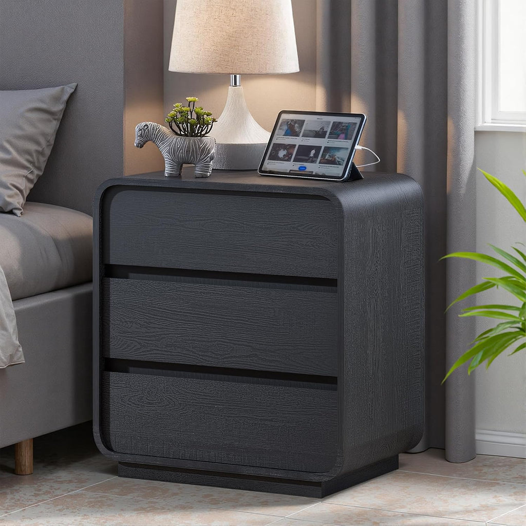 Standifurno Black Curved Night Stand Set of 2 with Charging Station, 25' Tall Wood Bedside Table Nightstand with 3 Storage Drawers, Mid Century Modern End Table for Bedroom, Office