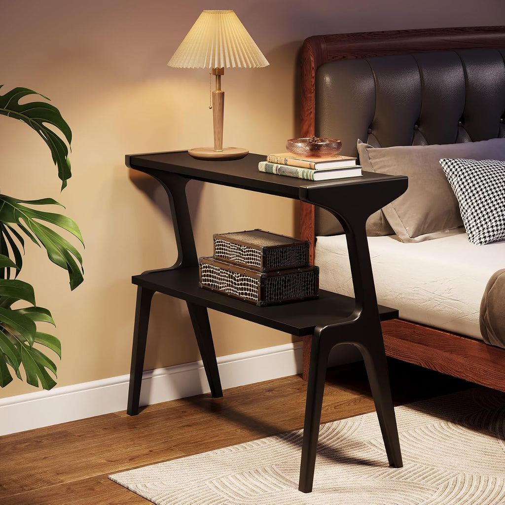 Tribesigns Set of 2 Solid Wood End Table, Modern Side Table for Couch, 2-Tier Narrow Tall End Table, Long Bedside Table for Living Room, Bedroom, Black