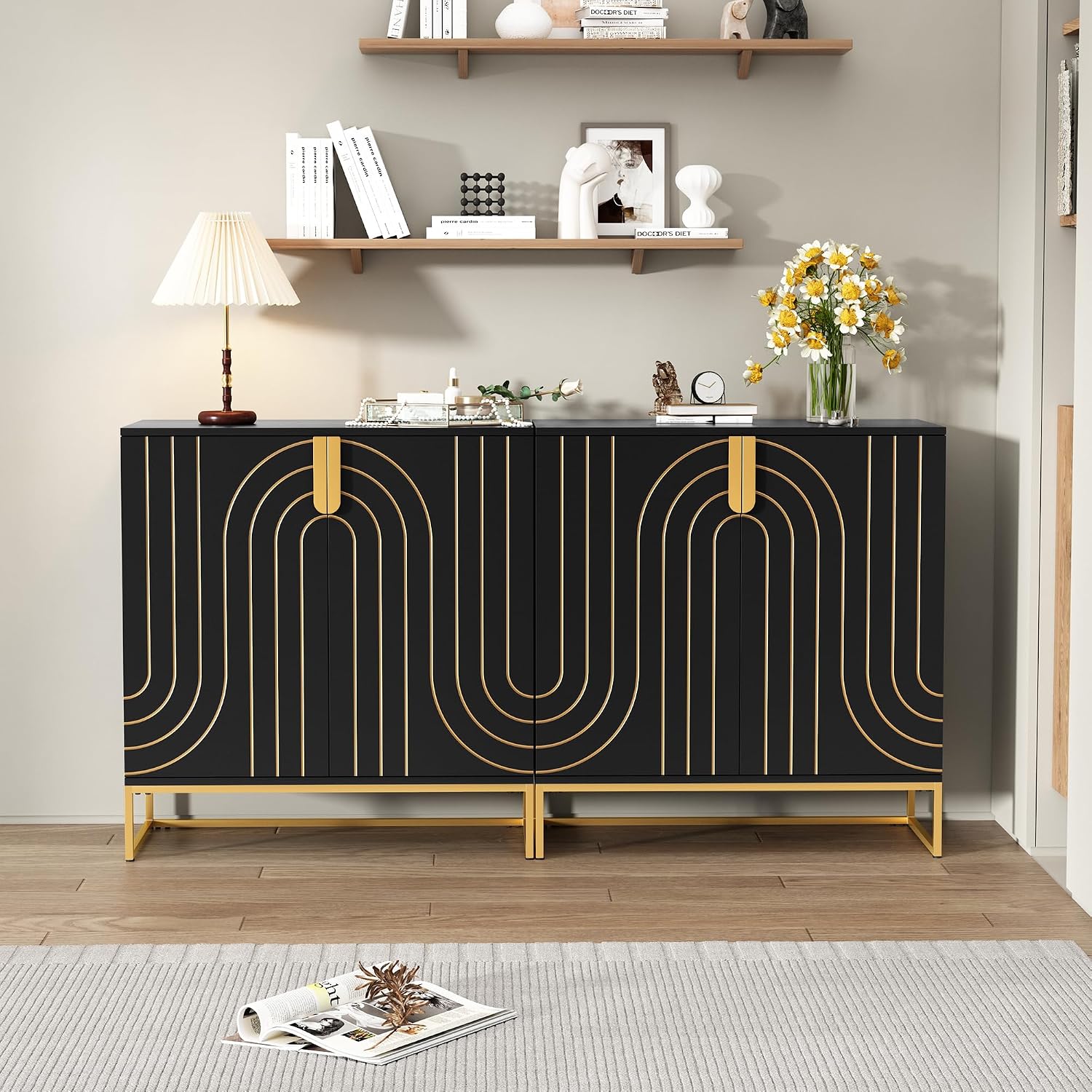 HLR Sideboard Buffet Cabinet with Storage, Modern Accent Cabinet Adjustable Shelves Wooden Storage Cabinets for Kitchen, Dining Room, Living Room, Coffee Bar, Garage, Entryway,Black