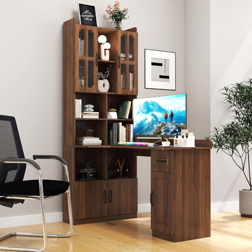 l Shaped Desk with Hutch & Drawers, Small Corner Desks for Small Space Home Office, Farmhouse Desk and Bookshelf Combo with Storage (Walnut)