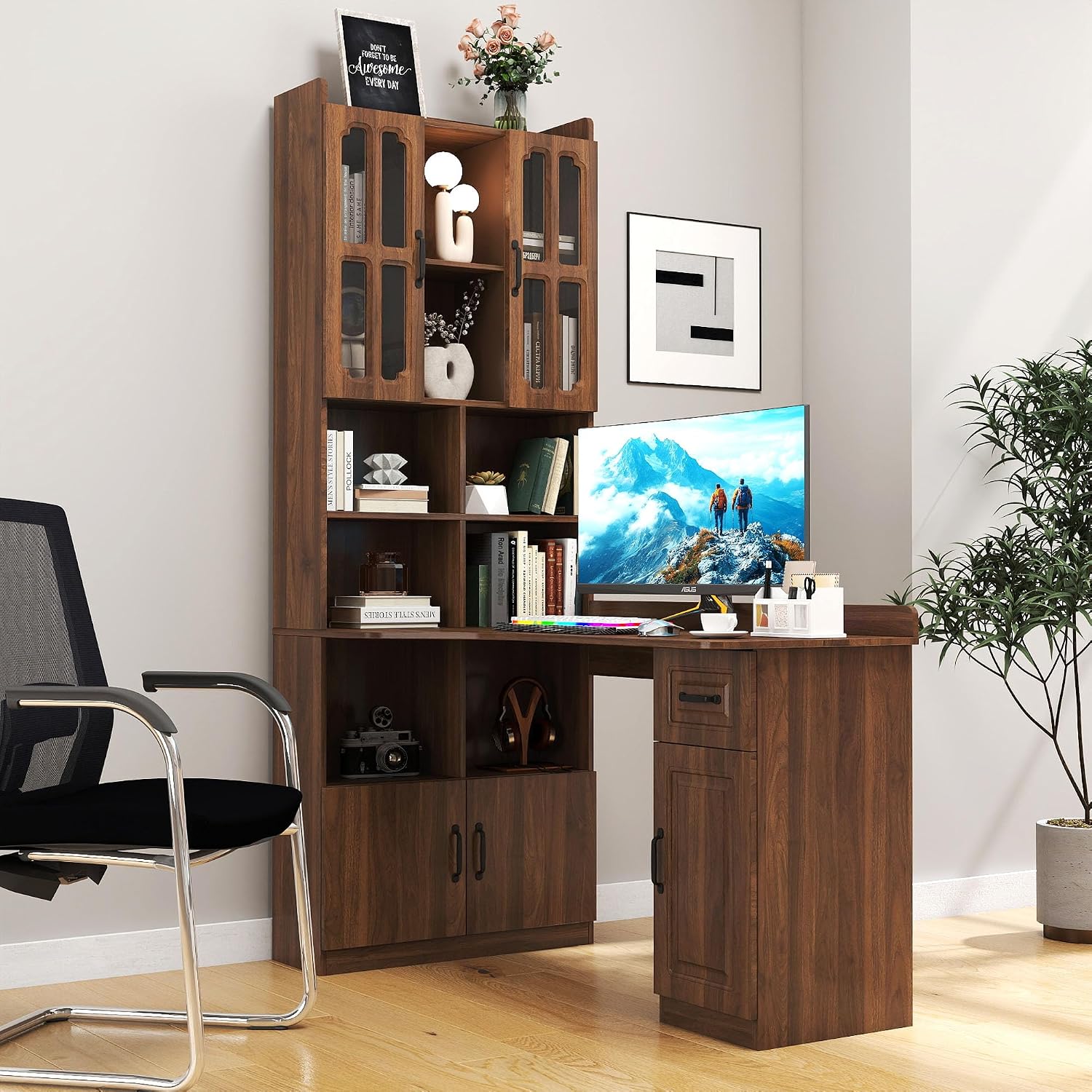 l Shaped Desk with Hutch & Drawers, Small Corner Desks for Small Space Home Office, Farmhouse Desk and Bookshelf Combo with Storage (Walnut)