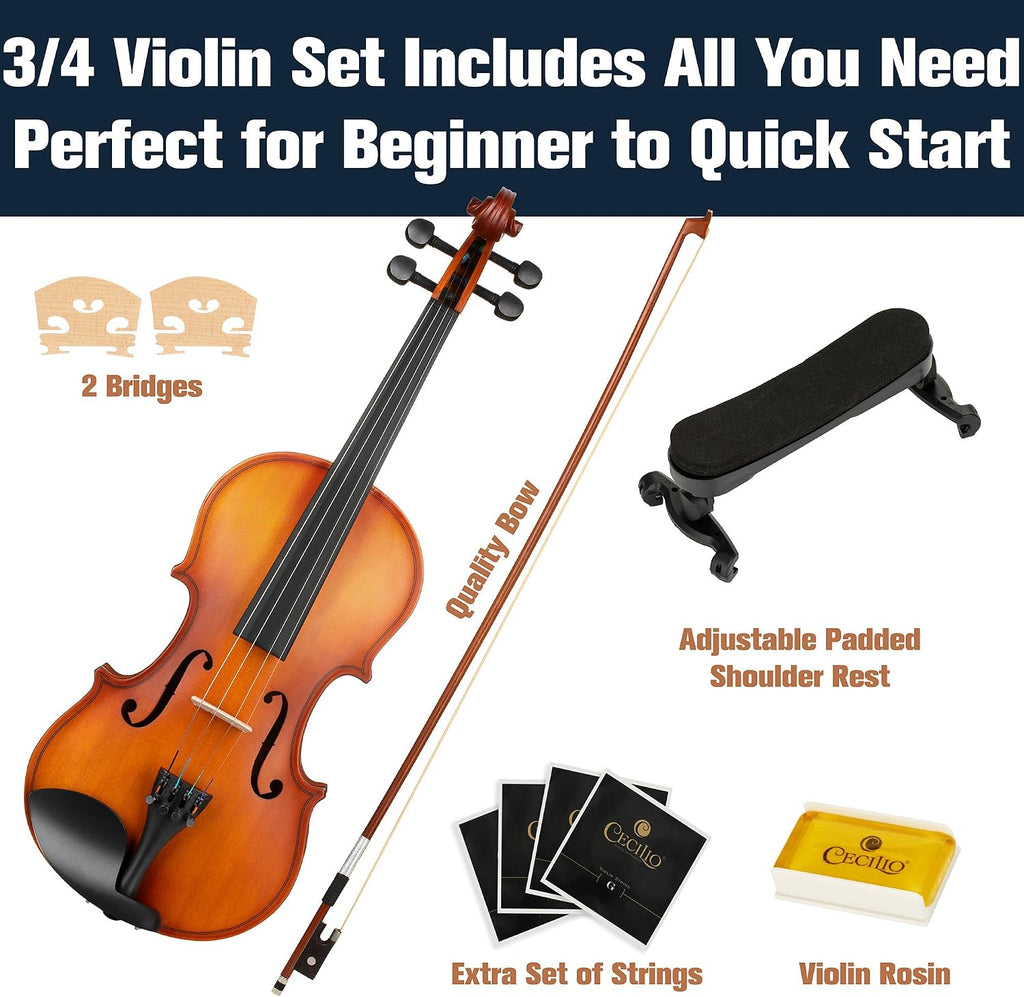 Mendini by Cecilio 3/4 Violin Set For Beginners - Hand Carved Acoustic Violins Kit - Fiddle Solid Wood Kit with Hard Case, Bow, Rosin, Shoulder Rest, Bridge and Extra Strings
