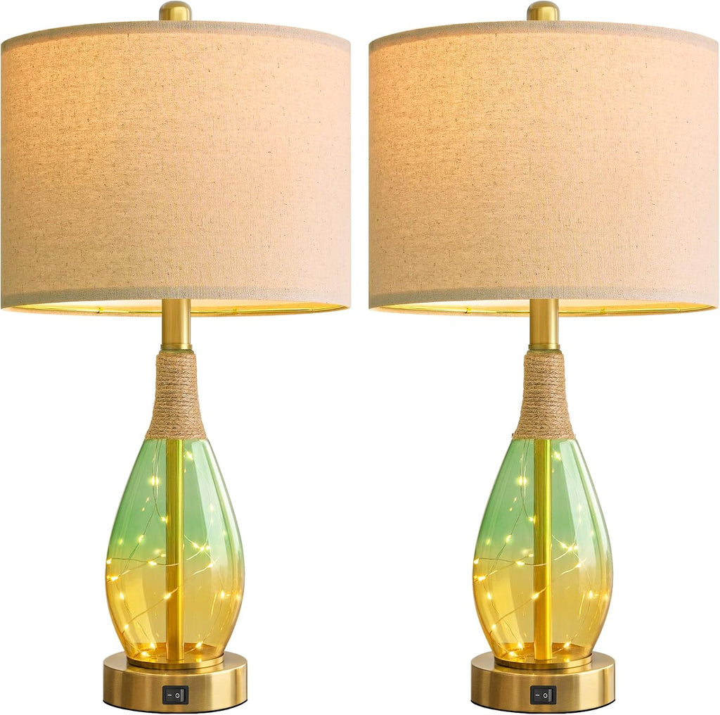 OYEARS 23' Table Lamps Set of 2,Farmhouse Lamps with Glass Nightlight, Bedside Lamps for Living Room, Rattan Lamps for Bedroom Nightstands, Two Light Points