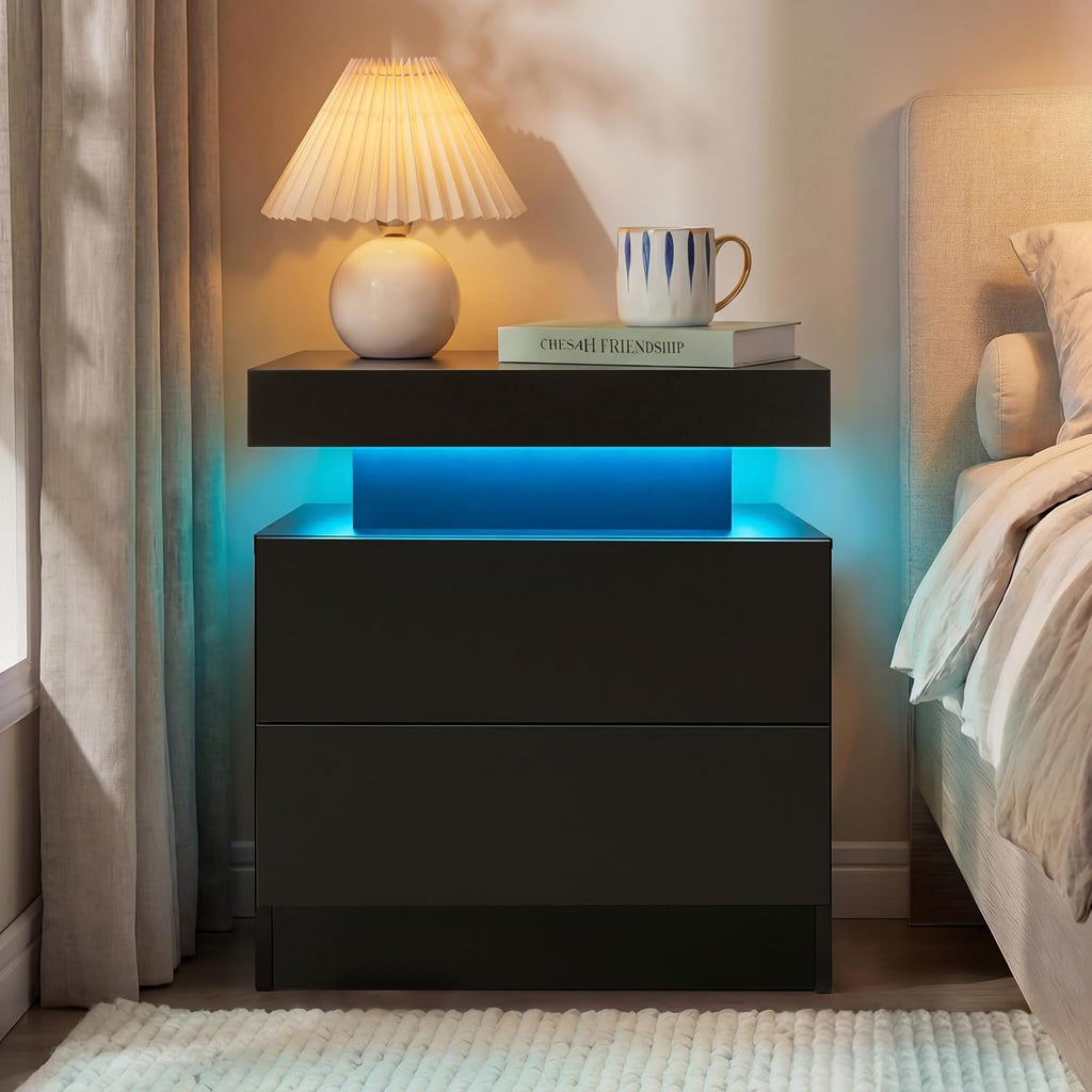 i-aplus Black Nightstand Set of 2 LED Bedroom Nightstands Set of 2 Modern Night Stands Set 2 Bedside Table with 2 Drawers for Bedroom