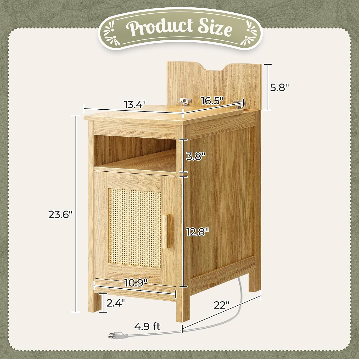 Huuger Narrow Night Stand Set of 2, End Table with Charging Station, USB-C Port, Rattan Side Table with Cabinet and Open Shelf, Synthetic Rattan, for Small Spaces, Bedroom, Natural Wood
