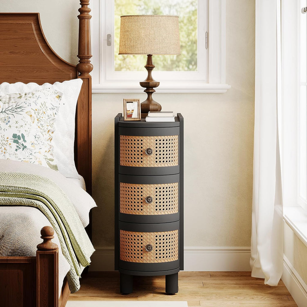 Tribesigns 3-Drawer Rattan End Table, Sofa Side Table with Vintage Embossed Handles, Slim Nightstand for Living Room, Bedroom, Finished Back, No Assembly (Black & Oak, 1 PC)