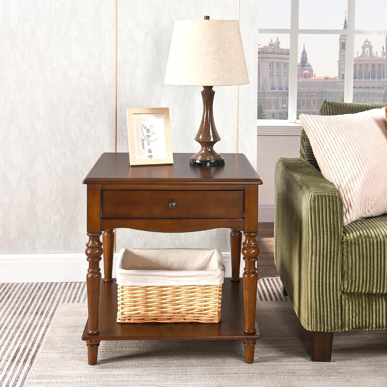 PADMA HOUSE Solid Wood End Table with Drawer & Storage Shelf, 24' H Square Sofa Side Table with Natural Wood Grain Tabletop, Apartment Bedside Table with Turned Legs for Home Office, 22.83 * 24in