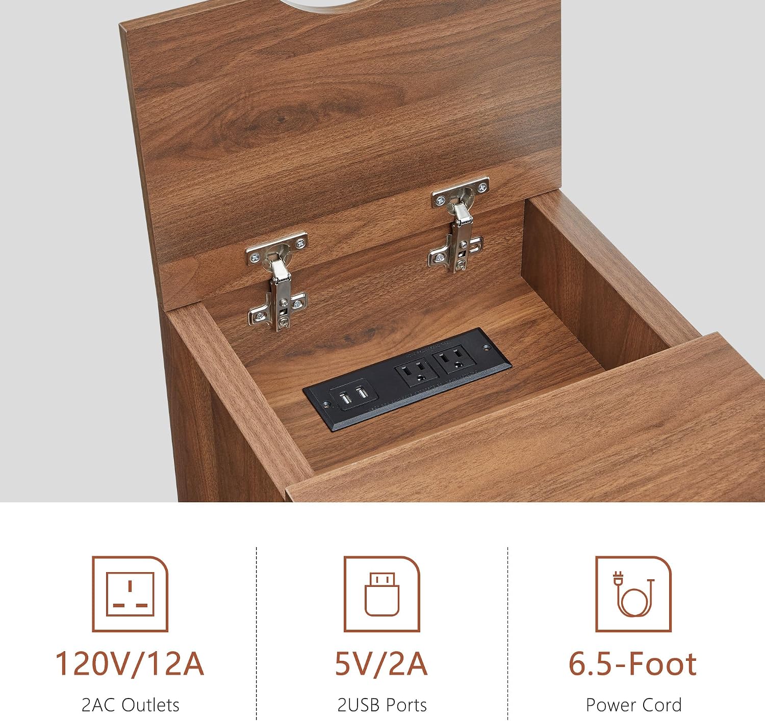 Fluted Narrow End Table with Charging Station, Farmhouse Side Table with Drawer Storage, Small Night Stand with Power Outlets and USB Ports, Sofa Side Table for Living Room - Walnut
