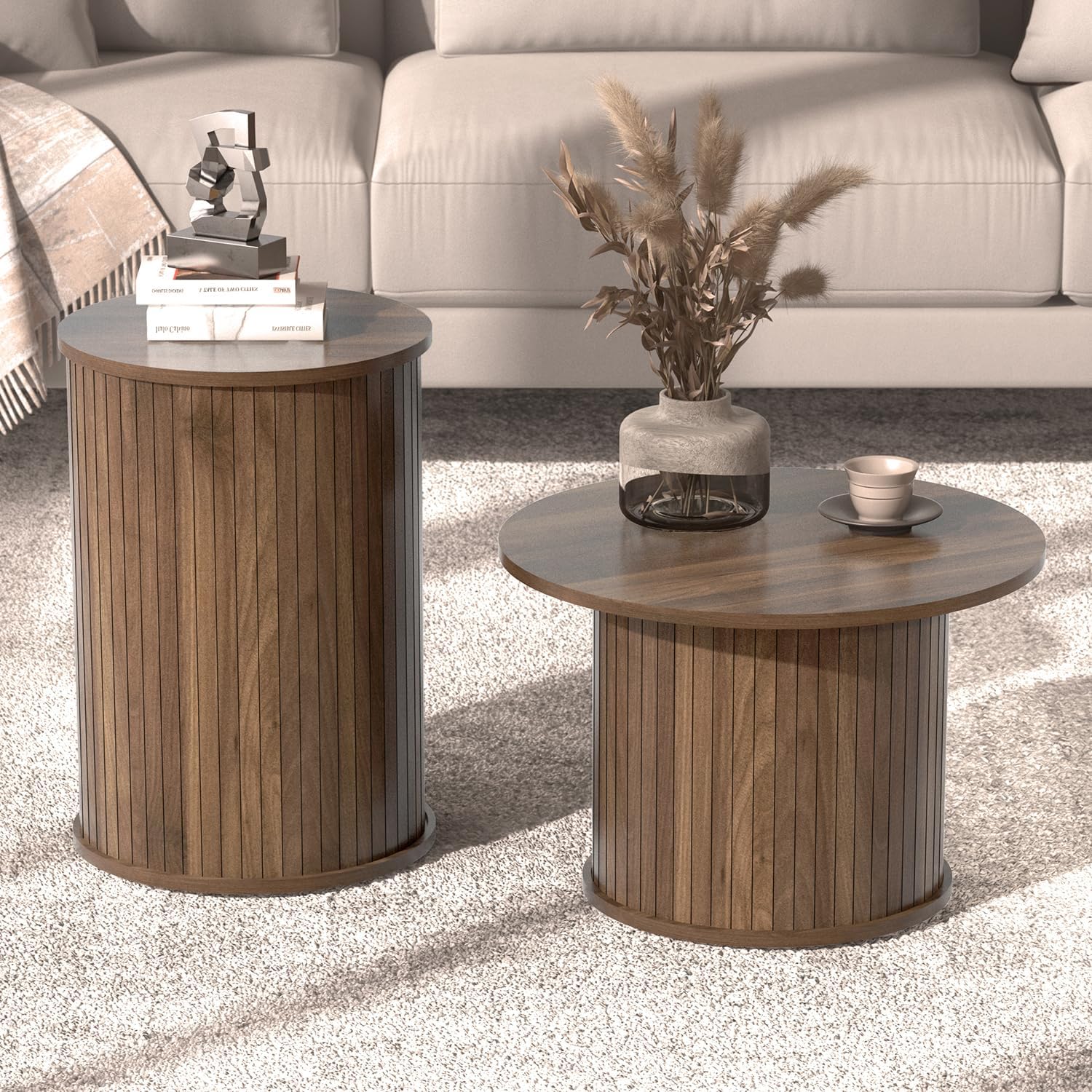 Set of 2 Round Nesting Coffee Tables for Living Room, Fluted Circle Walnut Wood Coffee and End Table Sets for Apartment, Small Spaces, Bedroom, Modern Style, Easy Assembly & Maintenance