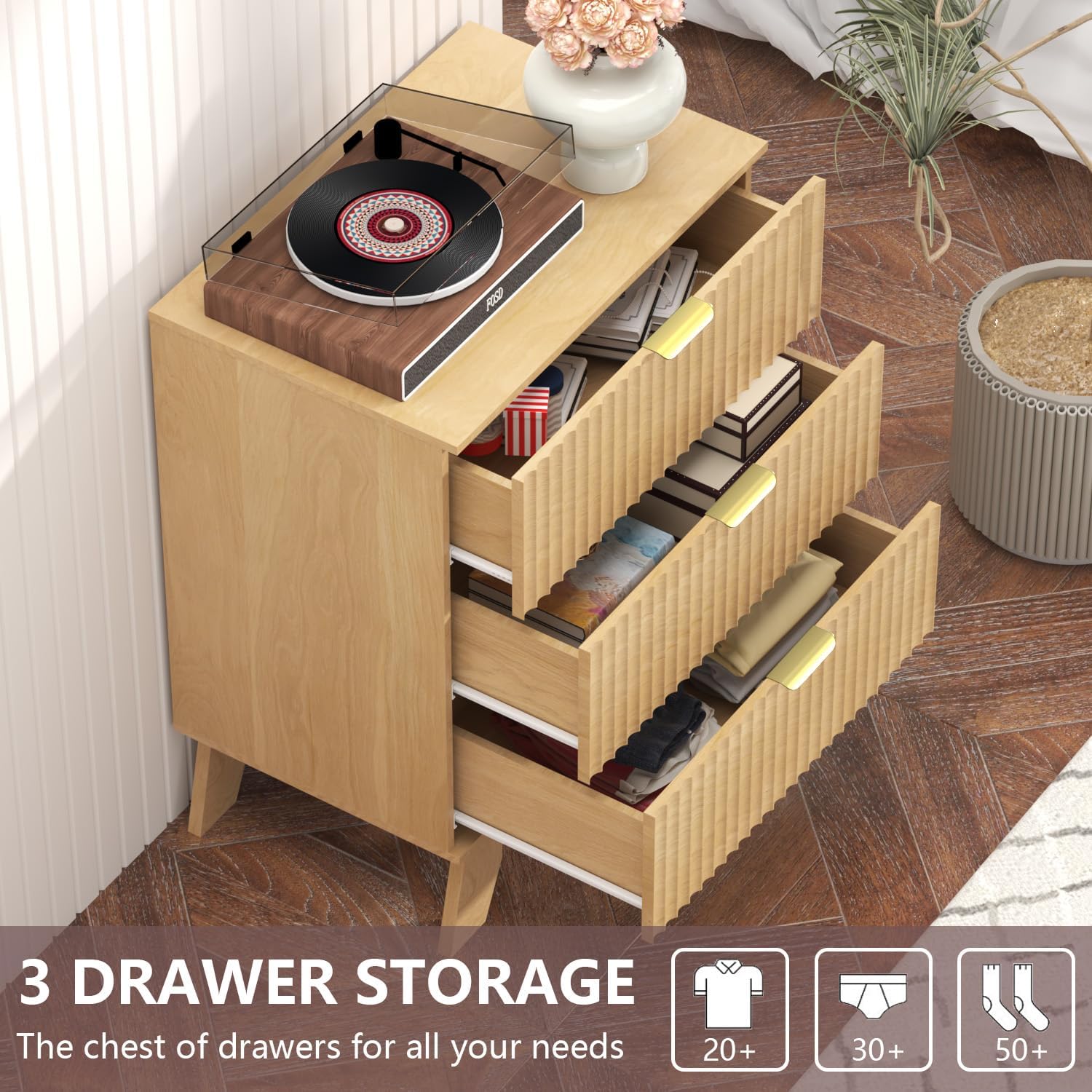 Nightstand Set of 2 with 3 Large Drawers,24' Wide End Table with Curved Metal Handles,Fluted Wood Small Dresser,Bedside Table,Modern Chest of Drawers for Bedroom,Living Room, Nature Oak