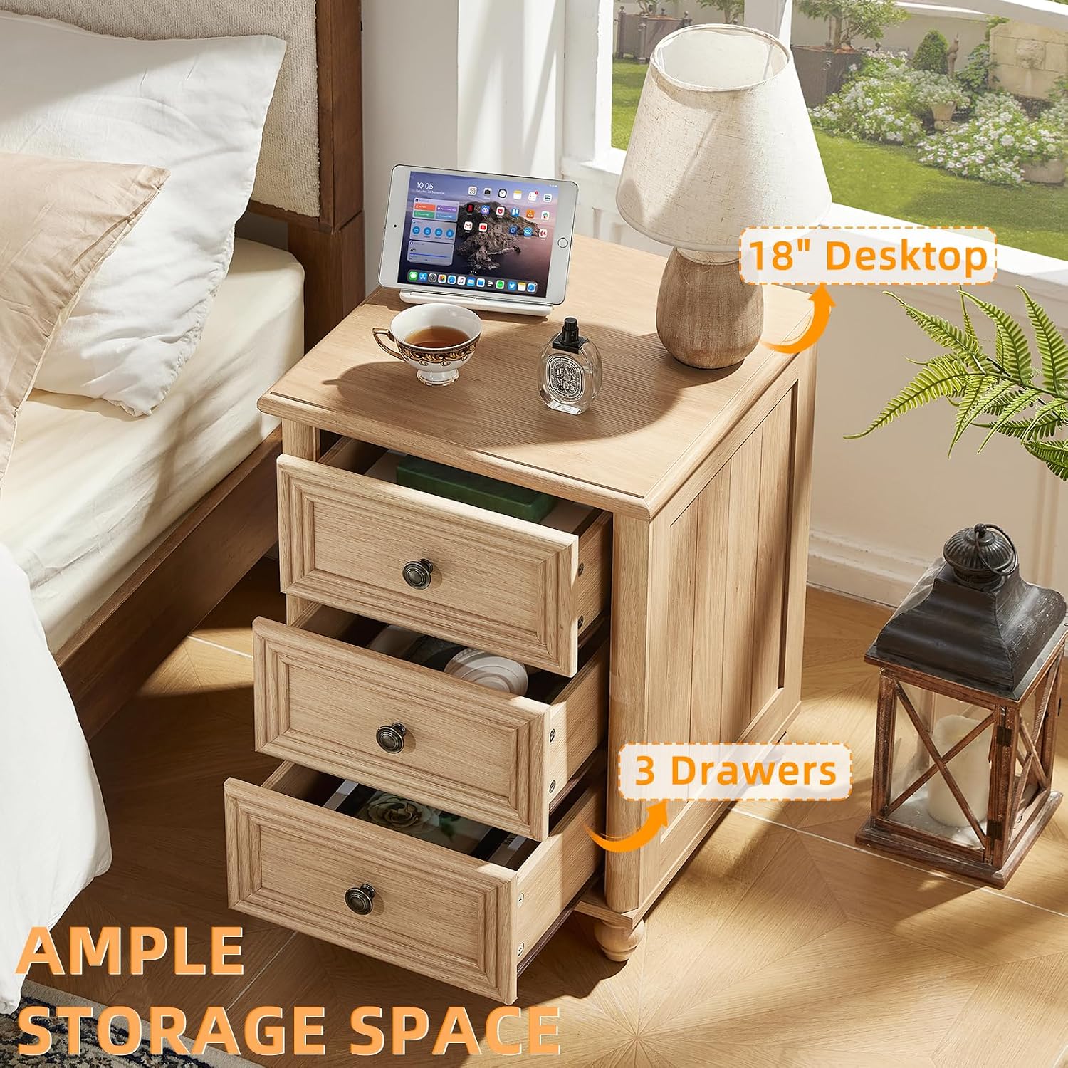 RWYHG 18' Farmhouse Night Stand Set of 2, Natural Wood Nightstand with 3 Drawers, Bedside End Table with Storage and Roman Column, Bed Side Tables Cabinet for Bedroom, Living Room, and Closet
