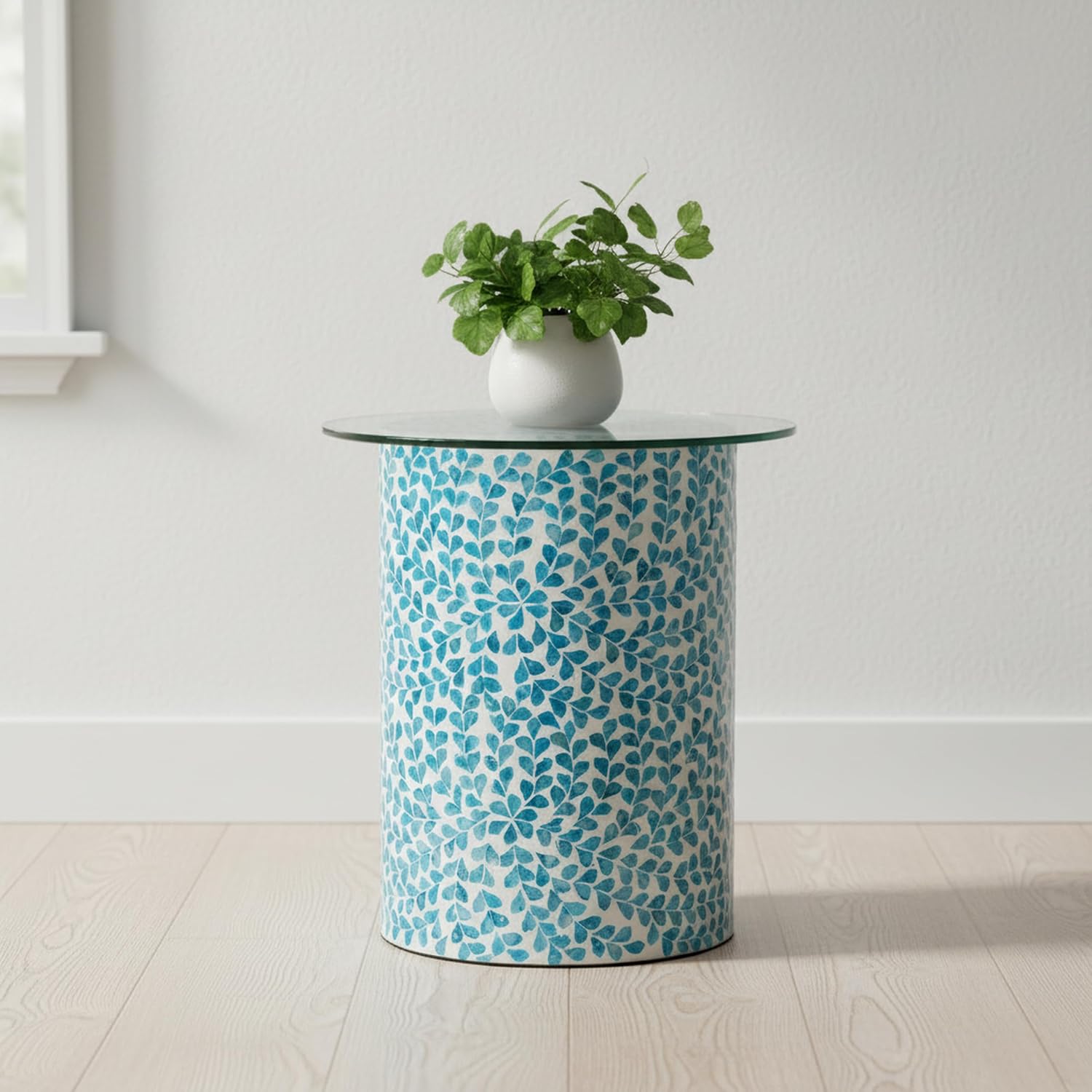 PEMAR Mother of Pearl Inlaid Cylinder Drum End Table Nacre Capiz Shell Side Table Stool Drum Accent Table Coffee Bedside Side Table Round Nightstand and Vanity Stool (Teal Floral)