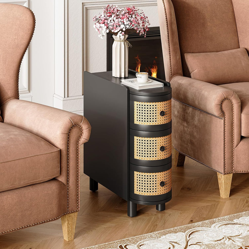 LITTLE TREE End Table Set of 2, Rattan Narrow Side Table with 3 Drawers, No Assembly Required, Solid Wood Nightstand, Bedside Table for Living Room, Bedroom, Office, Bathroom, Black