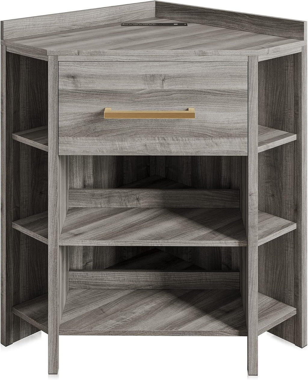 BELLEZE Corner Cabinet with Ultra-Fast USB Type A/C Outlet, Corner Table with 1 Storage Drawer and 8 Shelves, Store and Organize Home Furniture for Bedroom, Living Room Small Space - Sonoma (Gray)