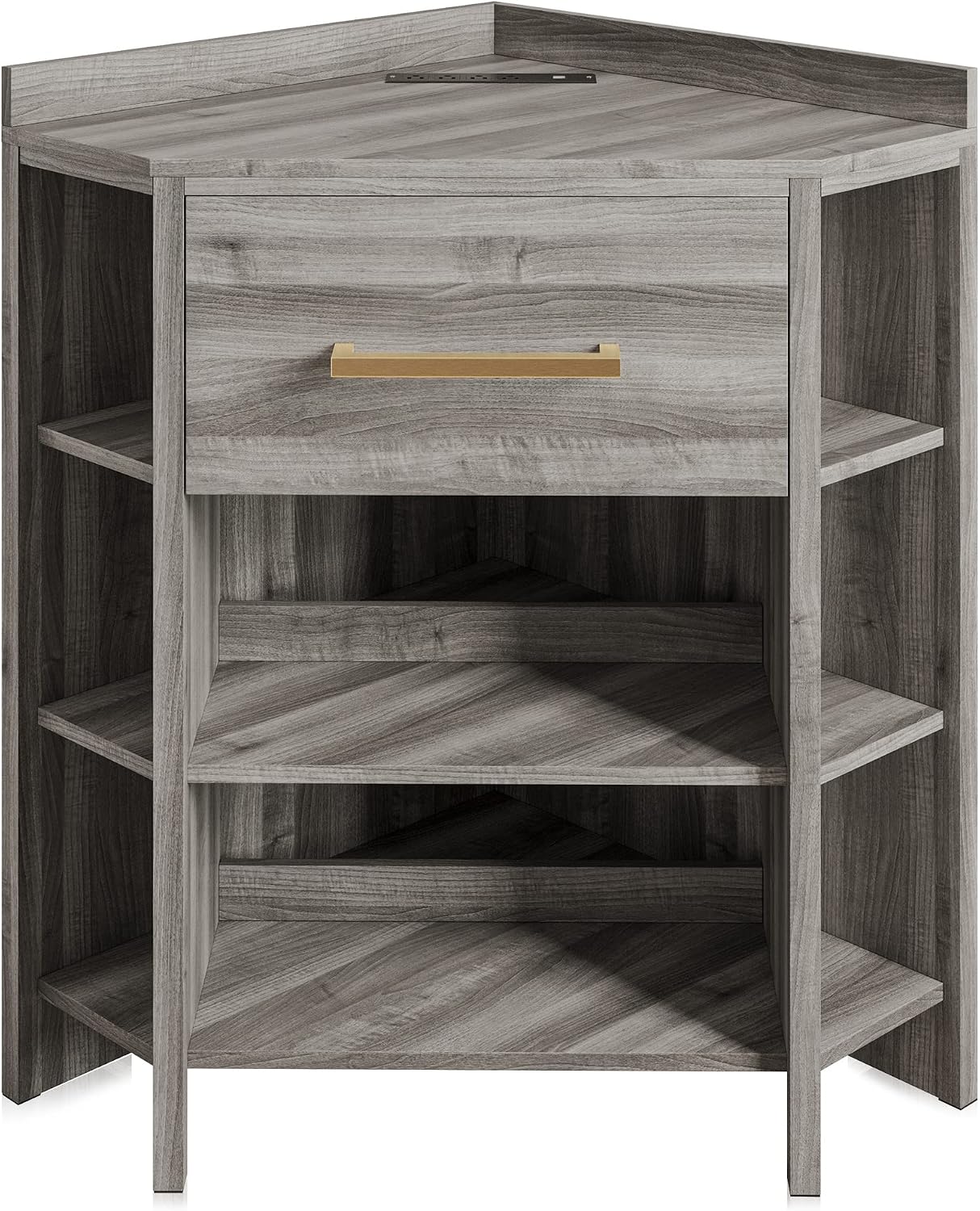 BELLEZE Corner Cabinet with Ultra-Fast USB Type A/C Outlet, Corner Table with 1 Storage Drawer and 8 Shelves, Store and Organize Home Furniture for Bedroom, Living Room Small Space - Sonoma (Gray)