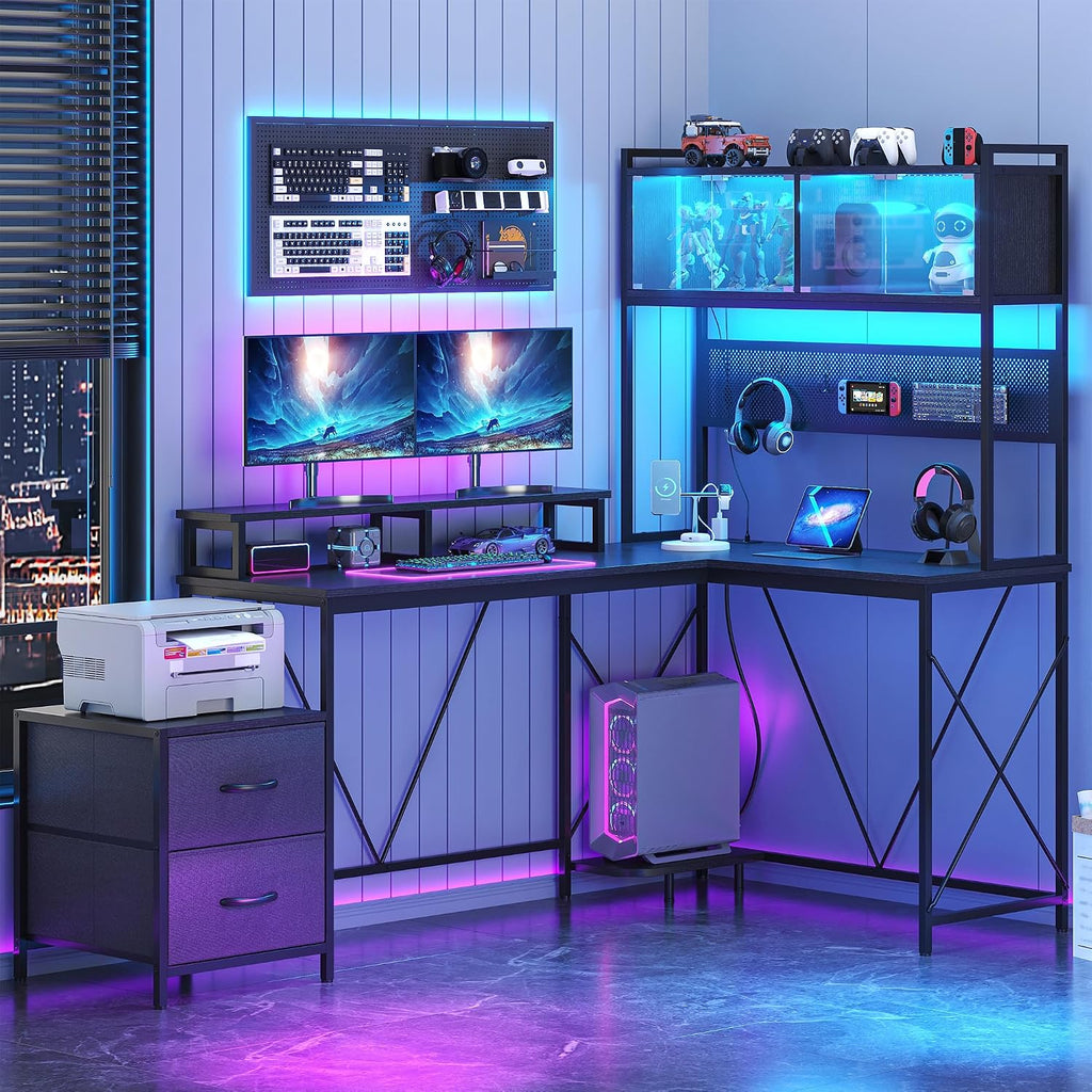 kepptory L Shaped Gaming Desk with 2 Drawers and Hutch, Home Office Computer Desk with Computer Stand and Pegboard, Corner Desk with Printer Desktop&Power Outlet, Black