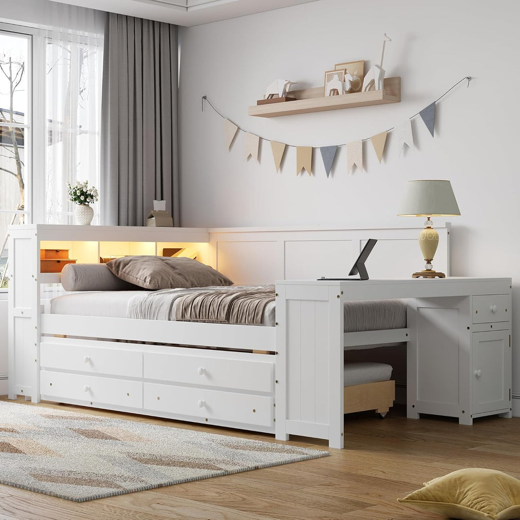 Merax Corner Full Bed Frame with Desk and Led Lights,Wood Platform Bed Frame with Trundle and 2 Drawers,Full Size Daybed with Storage and Charging Station for Living Room,Bedroom,Guest Room,White
